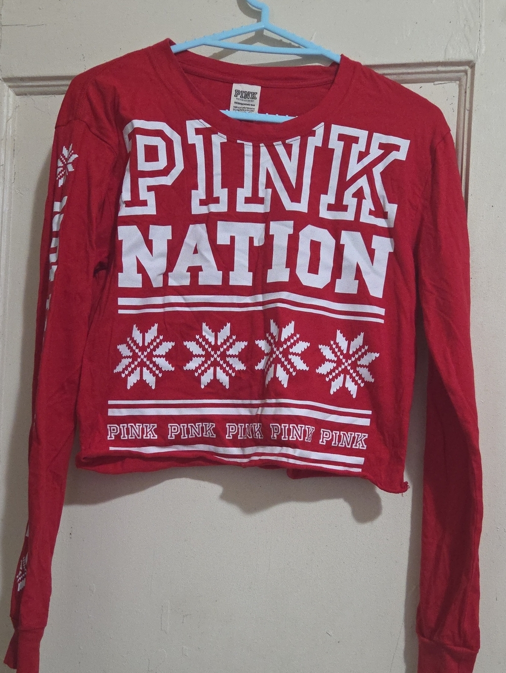 PINK Victoria's Secret Red 'PINK NATION' Long Sleeve Tee